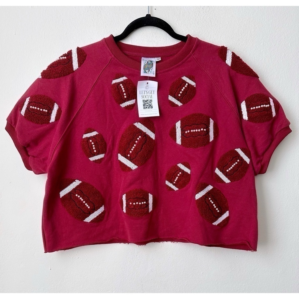 Queen of Sparkles Football Maroon Fuzzy pearl Sweatshirt Short Sleeve M
NWOT